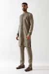 Son of A Noble Snob_Olive Green Linen Slim Fit Pleated Kurta _at_Aza_Fashions
