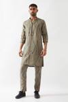 Shop_Son of A Noble Snob_Olive Green Linen Slim Fit Printed Kurta _Online_at_Aza_Fashions