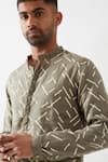 Son of A Noble Snob_Olive Green Linen Applique Printed Slim Fit Kurta _at_Aza_Fashions