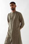 Son of A Noble Snob_Olive Green Linen Caterpillar Texture Kurta _at_Aza_Fashions