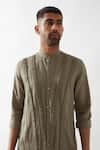 Shop_Son of A Noble Snob_Olive Green Linen Caterpillar Texture Kurta 