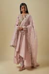 Buy_Payal Singhal_Pink Net, Muslin Mirrors, Embroidery Split V-neck Onion Anarkali Set _at_Aza_Fashions