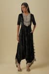 Buy_Payal Singhal_Black Velvet Tassels Split V-neck Embroidered Jumpsuit _at_Aza_Fashions