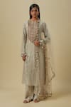Buy_Payal Singhal_Gray Net Zari, Sequins Round Neck Grey Brocade Silk Kurta Set _at_Aza_Fashions