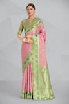 Buy_Samyukta Singhania_Mauve Embroidery, Zari V-neck Pink Banarasi Tissue Silk Saree _at_Aza_Fashions
