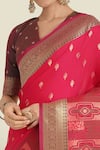 Shop_Samyukta Singhania_Pink Embroidery, Zari V-neck Banarasi Silk Saree Set _Online_at_Aza_Fashions