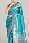 Samyukta Singhania_Turquoise Brocade, Silk Zari Square Neck Turquiose Blue Banarasi Saree And Blouse _Online_at_Aza_Fashions