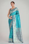 Buy_Samyukta Singhania_Turquoise Brocade, Silk Zari Square Neck Turquiose Blue Banarasi Saree And Blouse _at_Aza_Fashions