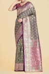 Samyukta Singhania_Olive Green Zari, Embroidery V-neck Banarasi Silk Saree Set _Online_at_Aza_Fashions