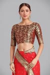 Samyukta Singhania_Red Brocade, Silk Embroidery Round Neck Banarasi Saree Set _Online_at_Aza_Fashions