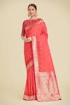 Buy_Samyukta Singhania_Coral Embroidery, Zari Round Neck Pink Banarasi Silk Saree Set _at_Aza_Fashions