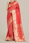 Buy_Samyukta Singhania_Red Brocade, Silk Tassels V-neck Banarasi Saree And Blouse Set _Online_at_Aza_Fashions