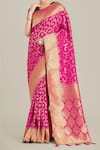 Buy_Samyukta Singhania_Rose Gold Tassels, Zari V-neck Rani Pink Banarasi Silk Saree Set _Online_at_Aza_Fashions