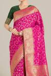 Samyukta Singhania_Rose Gold Tassels, Zari V-neck Rani Pink Banarasi Silk Saree Set _at_Aza_Fashions