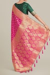 Shop_Samyukta Singhania_Rose Gold Tassels, Zari V-neck Rani Pink Banarasi Silk Saree Set _at_Aza_Fashions