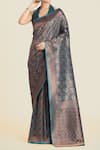 Buy_Samyukta Singhania_Teal Halter Neck Blue Banarasi Silk Saree Set _Online_at_Aza_Fashions
