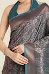 Buy_Samyukta Singhania_Teal Halter Neck Blue Banarasi Silk Saree Set 