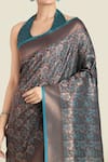 Samyukta Singhania_Teal Halter Neck Blue Banarasi Silk Saree Set _Online