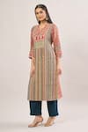 Shop Debyani + CO Red Beads, Sequins, Embroidery Open Neck Floral Thread Striped Kurta With Pant Online at Aza Fashions Shop_Debyani + CO_Red Beads, Sequins, Embroidery Open Neck Floral Thread Striped Kurta With Pant _Online_at_Aza_Fashions