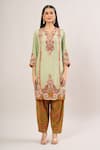 Buy_Debyani + Co_Green Beads, Sequins Split V-neck Floral Thread Embroidered Kurta Set _Online_at_Aza_Fashions