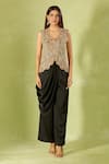 Anamika Khanna_Multi Color Embroidery V-neck Top And Draped Pant Set _at_Aza_Fashions