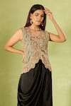 Buy_Anamika Khanna_Multi Color Embroidery V-neck Top And Draped Pant Set 