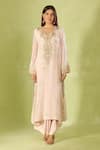 Shop_Anamika Khanna_Pink Embroidery V-neck Kurta Set With Draped Skirt _Online_at_Aza_Fashions