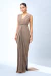 Tarun Tahiliani_Gold V-neck Pleated Saree Gown _Online_at_Aza_Fashions