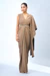 Buy_Tarun Tahiliani_Gold V-neck Pleated Saree Gown _Online_at_Aza_Fashions