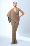 Tarun Tahiliani_Gold V-neck Pleated Saree Gown _at_Aza_Fashions