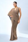 Buy_Tarun Tahiliani_Gold V-neck Pleated Saree Gown 