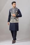 Shop_Aariyana Couture_Navy Silk Embroidery Botanical Bundi And Kurta Set _Online_at_Aza_Fashions