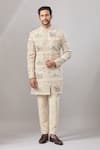 Buy_Aariyana Couture_Beige Jersey Embroidery Jute Longline Bandhgala Set _at_Aza_Fashions