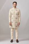 Buy_Aariyana Couture_Beige Jersey Embroidery Jute Longline Bandhgala Set _Online_at_Aza_Fashions