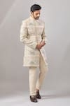 Shop_Aariyana Couture_Beige Jersey Embroidery Jute Longline Bandhgala Set _Online_at_Aza_Fashions