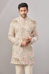 Aariyana Couture_Multi Color Jersey Embroidery Floral Longline Bandhgala Set _at_Aza_Fashions