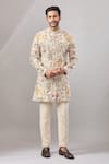 Aariyana Couture_Beige Jersey Embroidery Jungle Longline Bandhgala Set _Online_at_Aza_Fashions