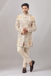 Buy_Aariyana Couture_Beige Jersey Embroidery Jungle Longline Bandhgala Set _at_Aza_Fashions