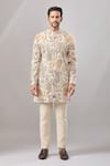 Shop_Aariyana Couture_Beige Jersey Embroidery Jungle Longline Bandhgala Set _Online_at_Aza_Fashions