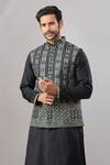 Aariyana Couture_Black Silk Embroidery Geometric Pattern Bundi And Kurta Set _Online_at_Aza_Fashions