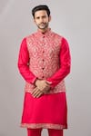 Ariyana By Aza_Red Silk Zari Thread Embroidered Bundi And Kurta Set _at_Aza_Fashions