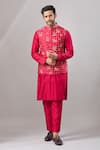 Buy_Aariyana Couture_Red Silk Mirrors Embroidered Bundi And Kurta Set _at_Aza_Fashions