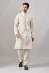 Buy_Aariyana Couture_Beige Linen Embroidery Bird Bundi And Kurta Set _at_Aza_Fashions