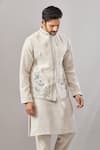 Aariyana Couture_Beige Linen Embroidery Bird Bundi And Kurta Set _at_Aza_Fashions