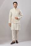 Aariyana Couture_Beige Linen Embroidery Geometric Pattern Bundi And Kurta Set _at_Aza_Fashions