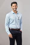 Buy_Aariyana Couture_Blue Cotton Embroidery Thread Placement Shirt _at_Aza_Fashions