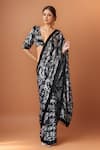 Buy_Samyukta Singhania_Black Chiffon V-neck Printed Pre-draped Saree Set _at_Aza_Fashions