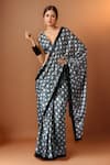 Buy_Samyukta Singhania_Black Chiffon V-neck And White Printed Pre-draped Saree Set _at_Aza_Fashions