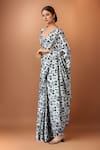 Buy_Samyukta Singhania_Off White V-neck Printed Pre-draped Saree And Blouse Set _at_Aza_Fashions