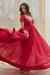 Buy_Rhua_Red Chanderi Embroidery V-neck Anarkali Set _at_Aza_Fashions